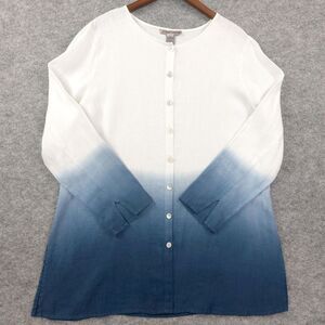 Sharon Young Tunic Womens XL White Blue Ombre Linen Button Up Top Lagenlook